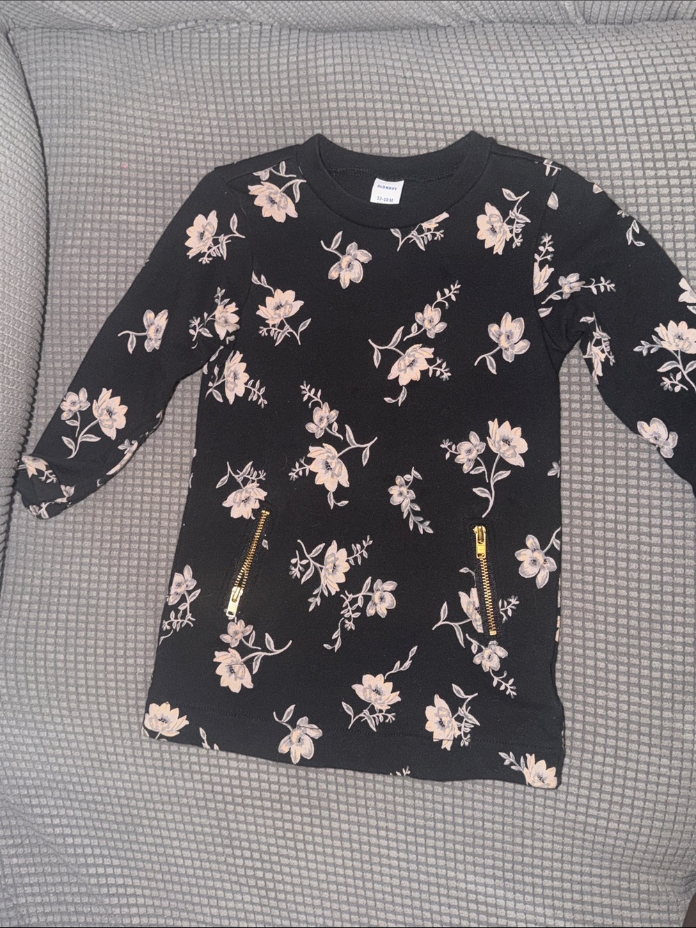 Old Navy Black Long-Sleeve Floral Top with Gold Zipper Detail